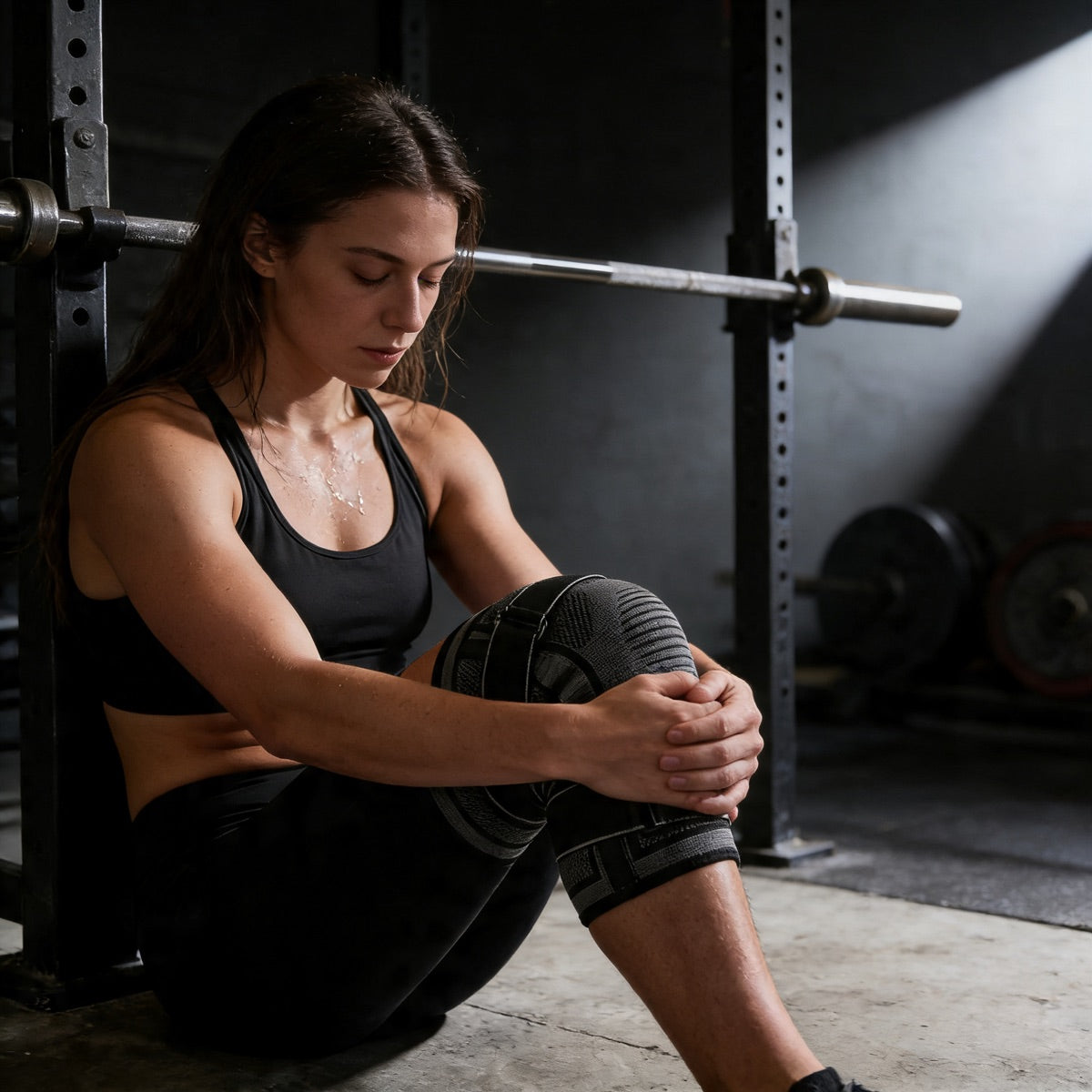 Athlete resting with the Persist Knee Brace on her knee in the gym