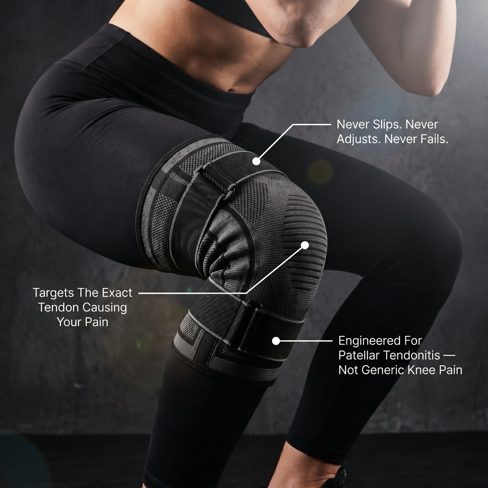 Persist Knee Brace on an athlete mid-squat with callouts: never slips, targets the patellar tendon, engineered for patellar tendonitis