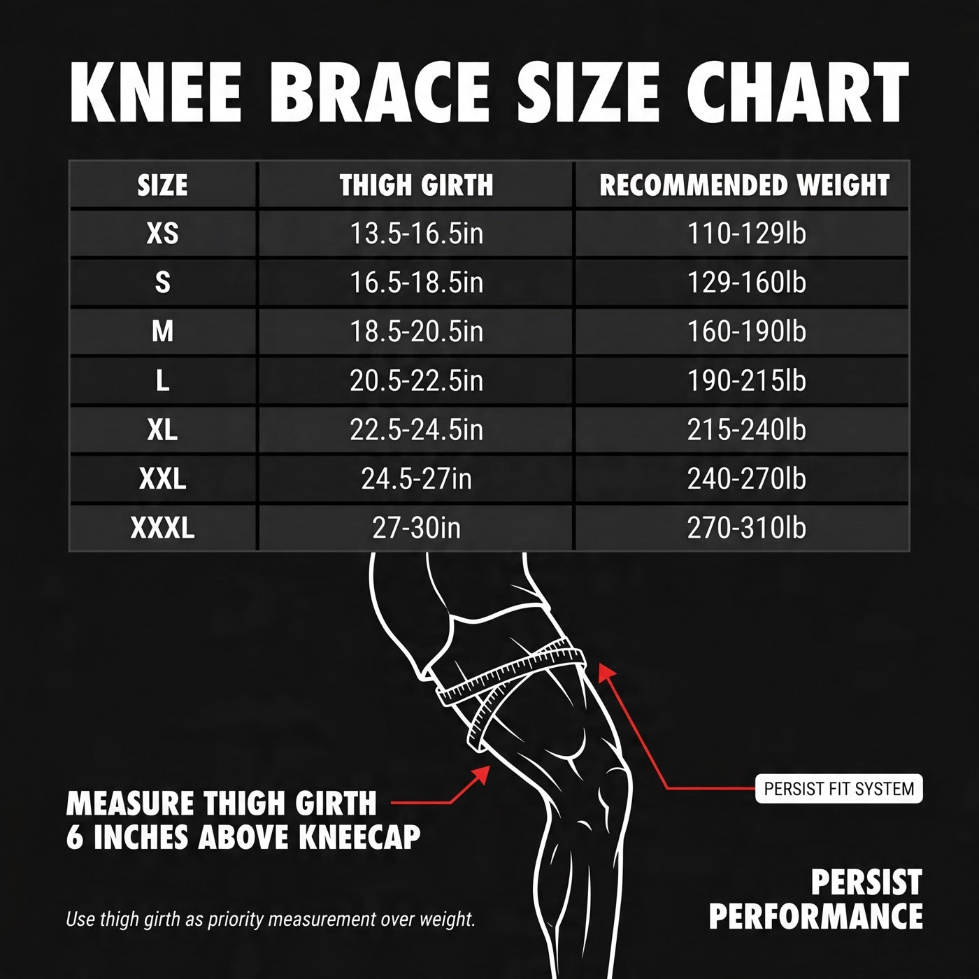 Persist Performance knee brace size chart — measure thigh girth 6 inches above the kneecap